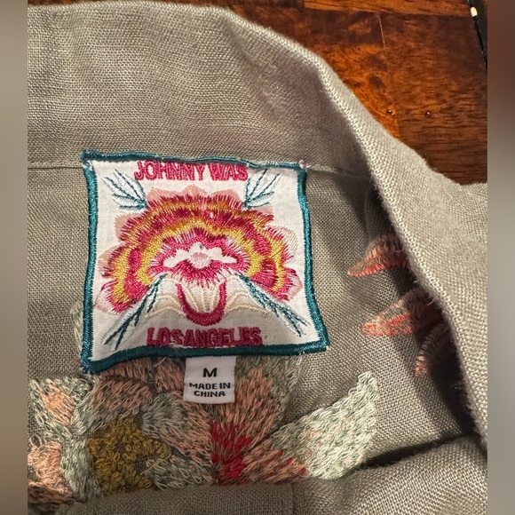 Johnny Was Andrean Relaxed Linen Embroidered Jacket Blouse Olive Green Sz M - Picture 9 of 13